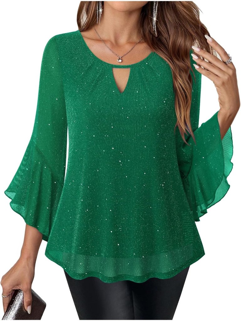 Women's Shirt Sparkly Green Ruffle 3/4 Sleeve Blouses Glitter Cocktail Party Top